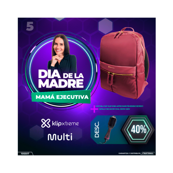 Combo mochila 15.6" klip bordo knb-467rd+cepillo secador eb063 multi