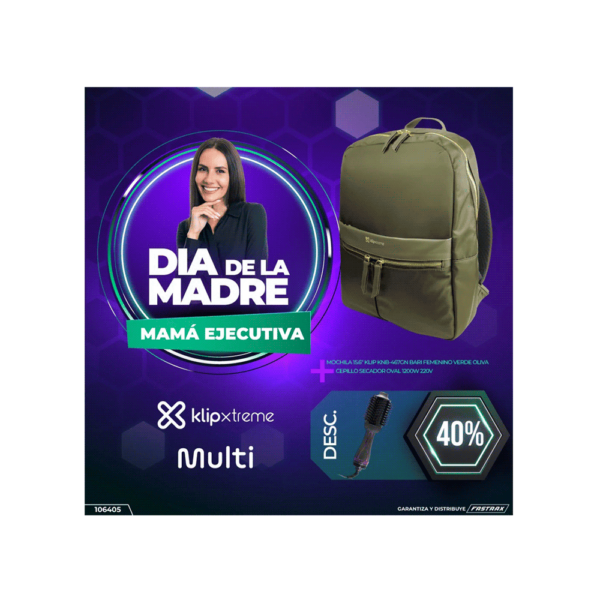 Combo mochila 15.6" klip verde knb-467gn + cepillo secador eb063 multi