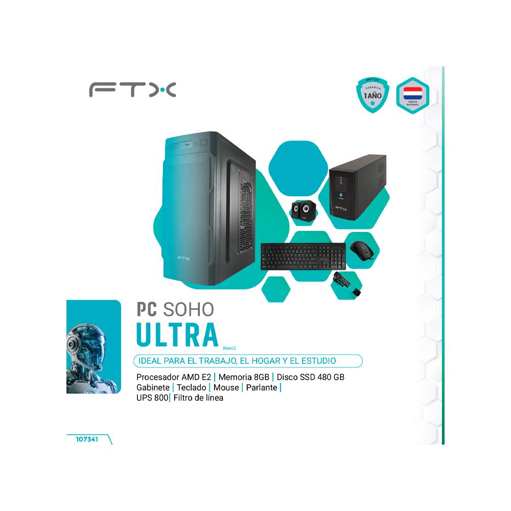 Computadora  ftx soho ultra e2/480ssd/8g + ups 800w + filtro + mouse + teclado