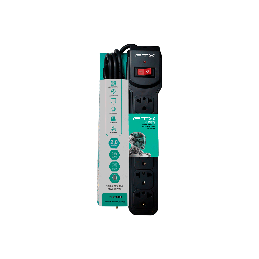 Filtro de linea ftx1079 de 6 tomas nema eur 110/220v