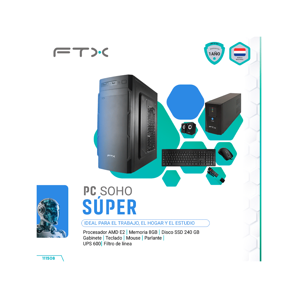 Computadora ftx soho super e2/240ssd/8g + ups 600w + filtro + mouse + teclado