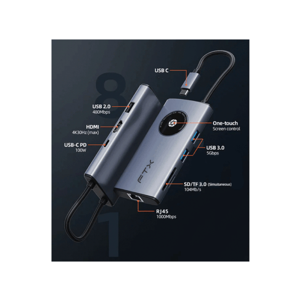 Hub 8 en 1 usb-c - hdmi/rj45/usb-a/usb-c/sd ftx-hubl3-ag 4k/30hz/1gbps/100w/5gbps - Imagen 4