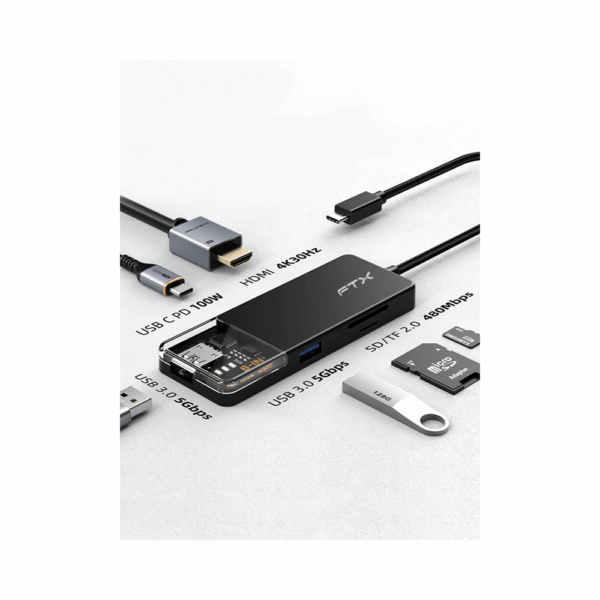 Hub 6 en 1 usb-c - hdmi/usb-a/usb-c/sd ftx-hubt4-pb 4k/30hz/100w/5gbps - Imagen 2