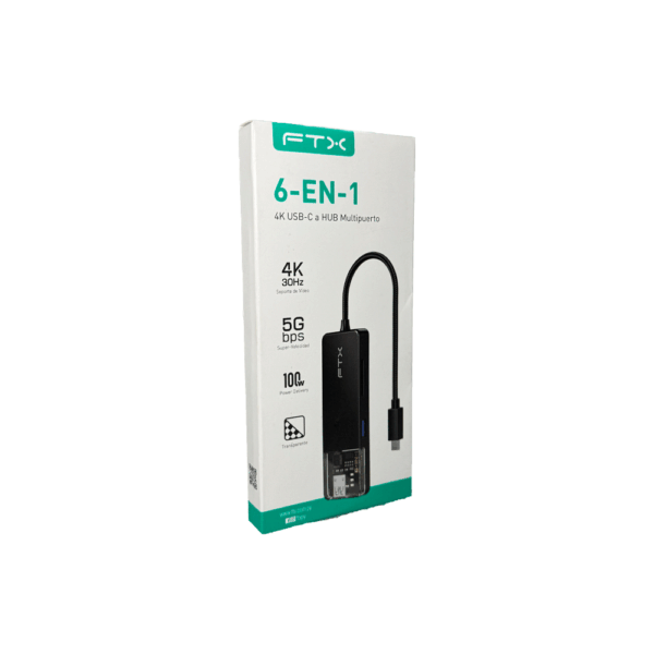 Hub 6 en 1 usb-c - hdmi/usb-a/usb-c/sd ftx-hubt4-pb 4k/30hz/100w/5gbps - Imagen 3