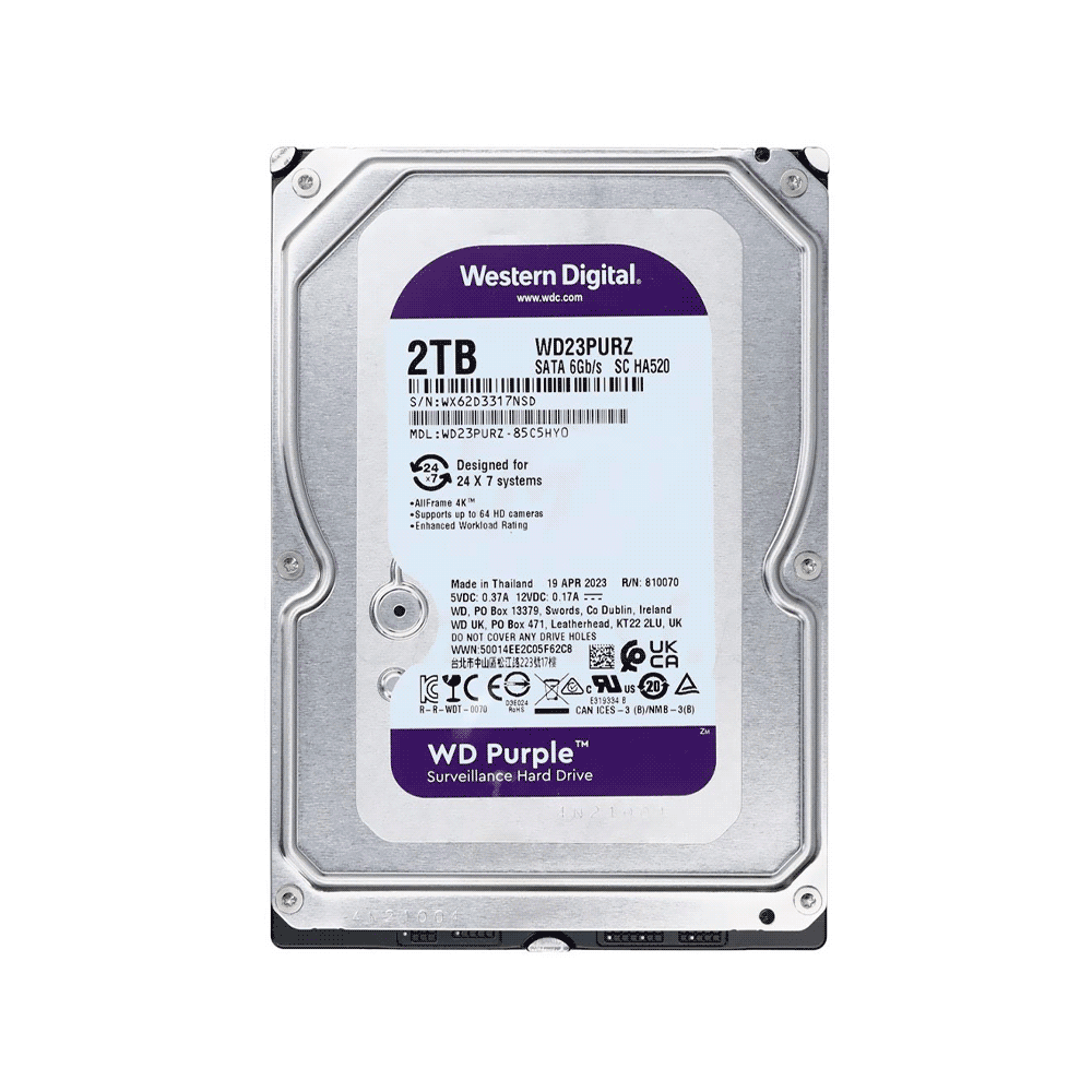 Disco duro sata3 2tb western digital purple 5400 64mb wd23purz surveillance (garantia br)