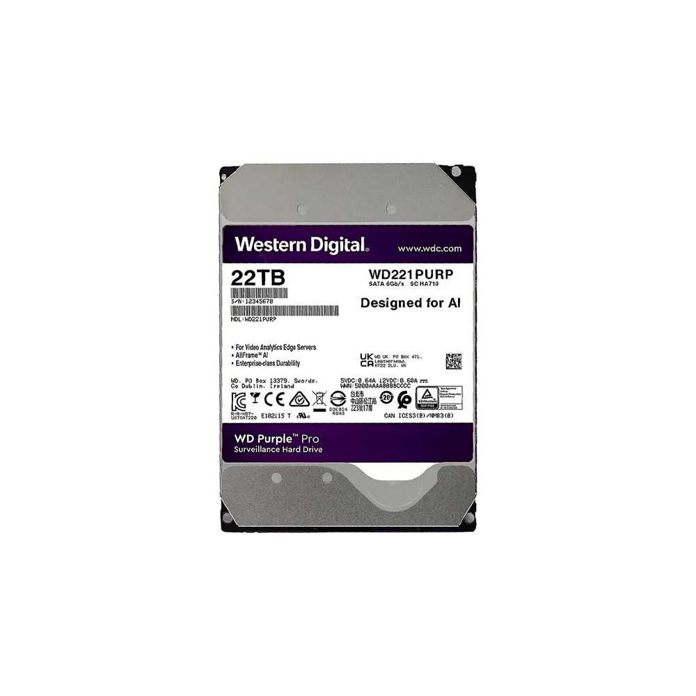 Disco duro sata3 22tb western digital purple 7200 512mb wd221purp surve (garantia br)
