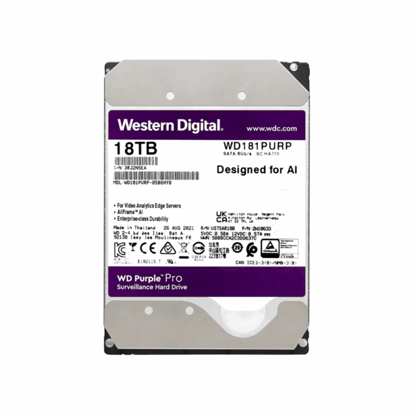 Disco duro sata3 18tb western digital purple pro 7200 512mb wd181purp surveillance
