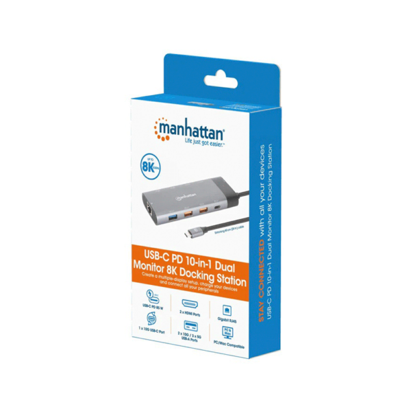 Hub usb-c 3.2 manhattan 10 en 1 8k/10gbps/rj45 gris 130714