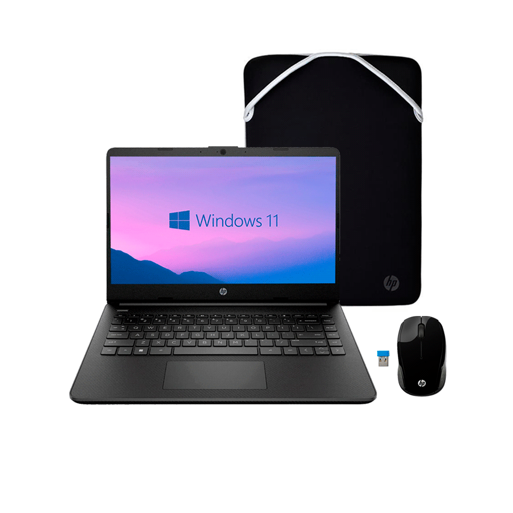 Notebook hp 14-dq0526la cel 1.1/4g/128ssd/w11h/14" hd negro + mouse+funda