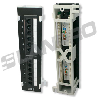 Mini patch panel de 12 puertos para montaje vertical sobre pared CAT 6 sin blindar. Serie 7000